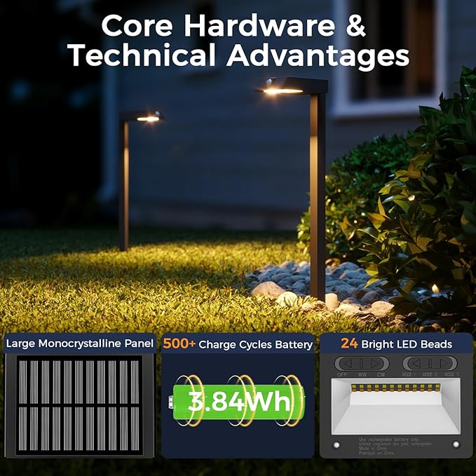 XMCOSY+ Solar Pathway Lights with Motion Sensor 6 Pack, 300LM Solar Lights | IP65 waterprppf, 3 modes landscape lighting for garden, backyard, outside, path, all-metal housing (warm/cool white)