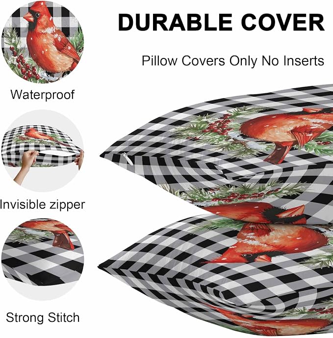 Vandarllin Christmas Outdoor Throw Pillows Covers 24X24 Set of 2 Waterproof Red Cardinals Decorative Zippered Lumbar Cushion Covers for Patio Furniture, White Black Buffalo Check Plaid