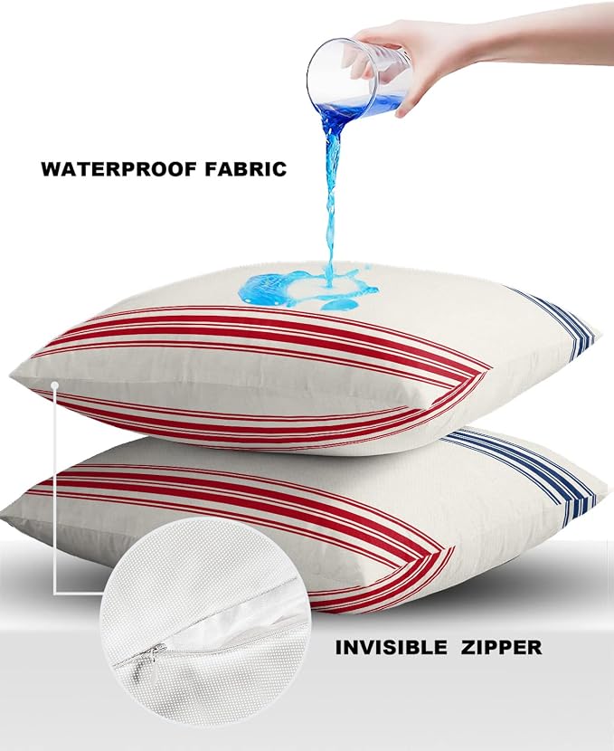 Outdoor Waterproof Pillow Covers Set of 2, Independence Day Flag Day Blue Red Stripe Vintage Patio Throw Pillow Covers, Decorative Cushion Case for Couch Sofa Furniture Garden, 26x26 Inch