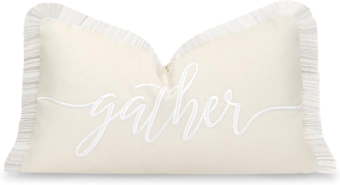 Hofdeco Premium Fall Coastal Patio Indoor Outdoor Lumbar Pillow Cover Only, 12"x20" Water Repellent for Backyard, Couch, Neutral Tan Embroidered Gather Fringe