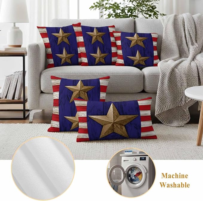 4th of July Outdoor Throw Pillows Covers 18x18 inch Set of 2 Waterproof Patriotic Stars Stripes Decorative Zippered Cushion Covers for Patio Furniture, Red White Blue Wood Grain Lumbar Pillowcases