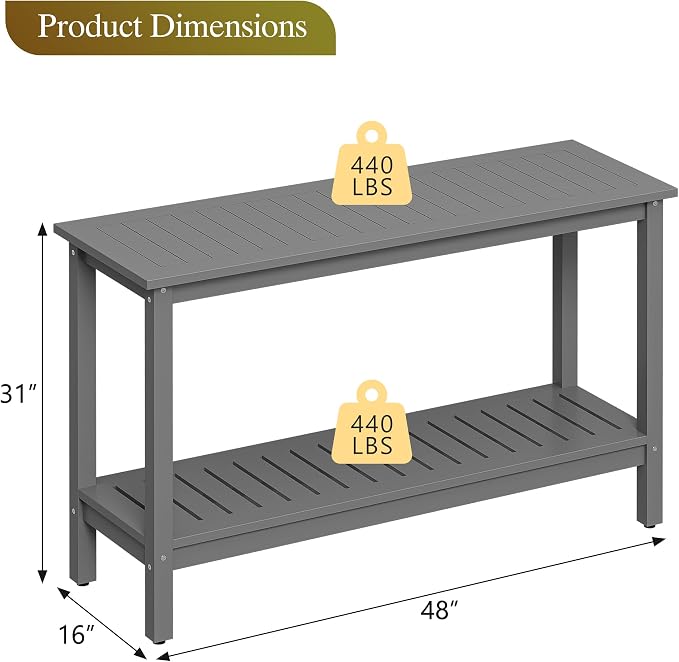 Wooden Console Table, 48in 2-Shelf Solid Wood Patio Side Table, Indoor Outdoor Buffet Bar Organizer with Foot Sliders (Grey)