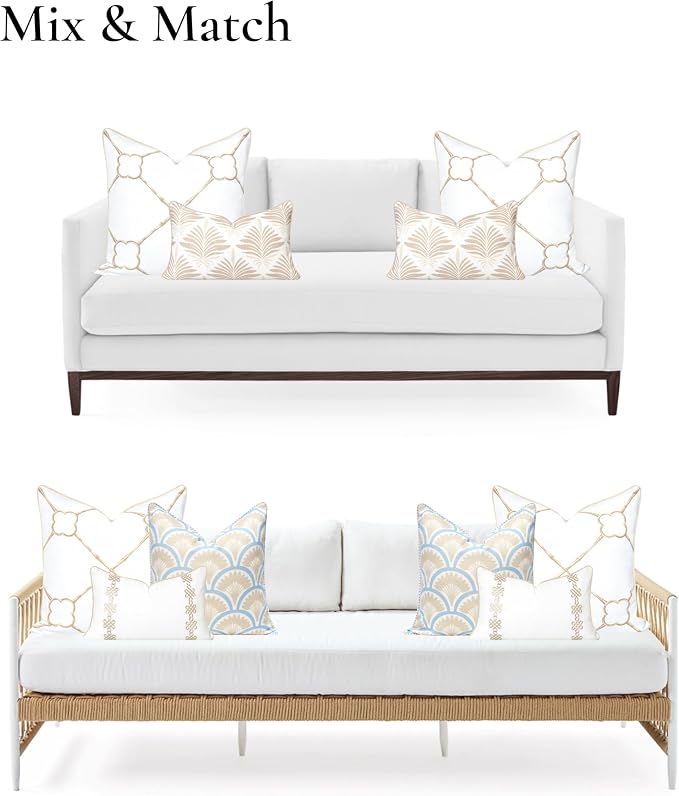 Hofdeco Premium Coastal Hampton Patio Indoor Outdoor Throw Pillow Cover Only, 22"x22" Water Repellent for Backyard, Couch, Poolside, Neutral Tan Beige Print Bamboo Trellis