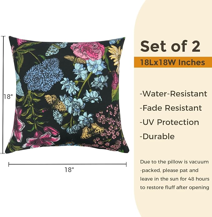 FUNHOME Outdoor Throw Pillows 18x18 inch,Decorative Throw Pillow with Insert Set of 2,Water Resistant Pillow for Patio Furniture Sofa Couch Chair(Butterfly Flower Black)