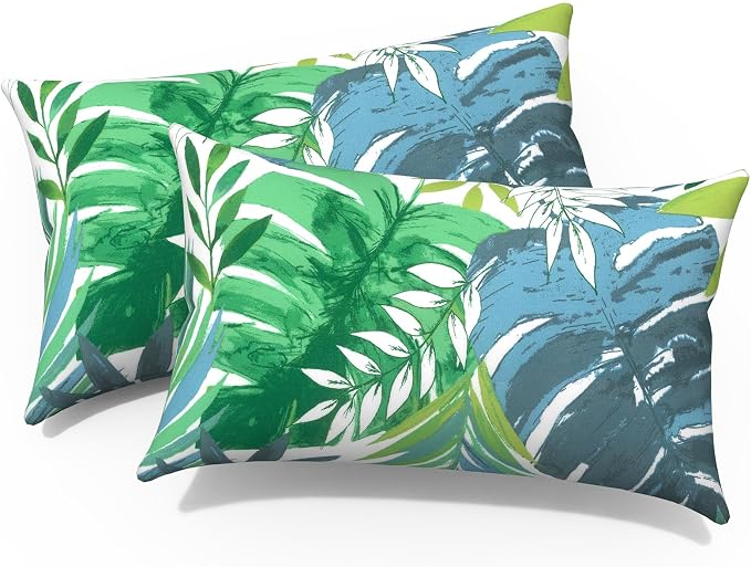 Outdoor Lumbar Pillows, Water Repellent Cushion Pillows 12x20 Inch, Outdoor Pillows with Inserts for Home Garden, Pack of 2, Islamorada Blue Green