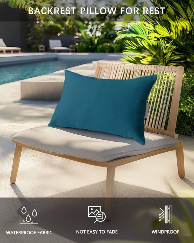 Outdoor Pillow for Lounge Chair with Strap & Insert Dark Teal Recliner Head Pillow Solid Green Color Waterproof Headrest Patio Lumbar Pillows for Beach Pool Office Chaise Chair 12x20 Inch