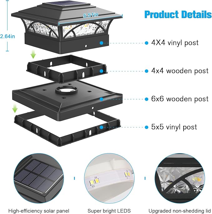 JOFIOS Solar Post Cap Lights Outdoor 6pack - Black Deck Fence Post Lights Solar Powered with 16LEDS 2 Lighting Modes, 4x4/5x5/6x6 Waterproof Fence Post Lights for Garden Patio Porch Backyard