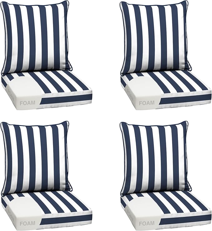 Arden Outdoor Deep Seat Cushion Set, Foam, 24x24, Blue Cabana Stripe | 4-Pack, Sofa, Couch, Conversation Set, Premium High-Density Foam, Never Flattens, Mold and Mildew Resistant
