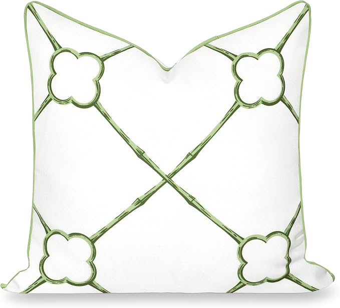 Hofdeco Premium Grandmillennial Coastal Hampton Patio Indoor Outdoor Throw Pillow Cover Only, 22"x22" Water Repellent for Backyard, Couch, Poolside, Grass Green Print Bamboo Trellis