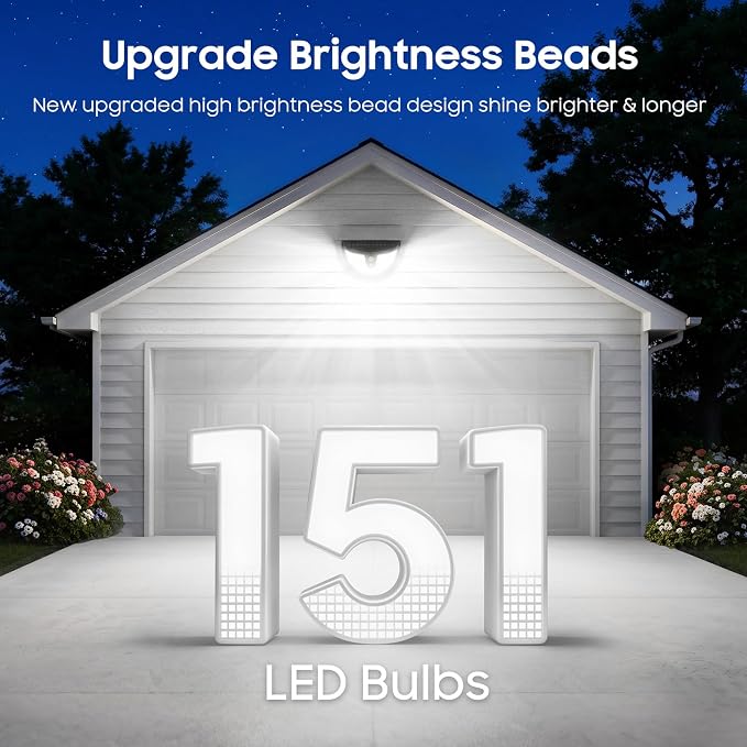 Solar Motion Sensor Lights Outdoor, 151 LED Super Bright Solar Lights 270° Angle,Wireless Security Wall Light with 2 Lighting Modes, IP65 Waterproof Solar Powered Fence Lights for Patio,Yard,Walkway