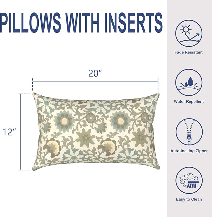 Outdoor Lumbar Pillows 12x20 Inch, Water Repellent Cushion Pillows, Outdoor Pillows with Inserts for Home Garden Pack of 2, Floral Symphony‌