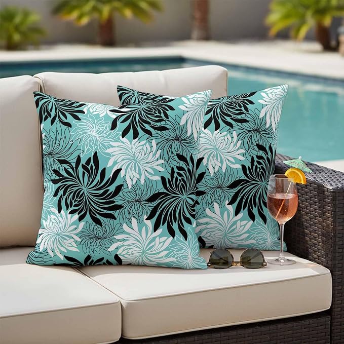 Yukro Teal Black Floral Outdoor Waterproof Pillow Covers Pack of 2, Vintage Teal White Black Flower Decorative Throw Pillowcases Cushion Covers for Garden Patio Tent Sofa Couch, 26x26 inch