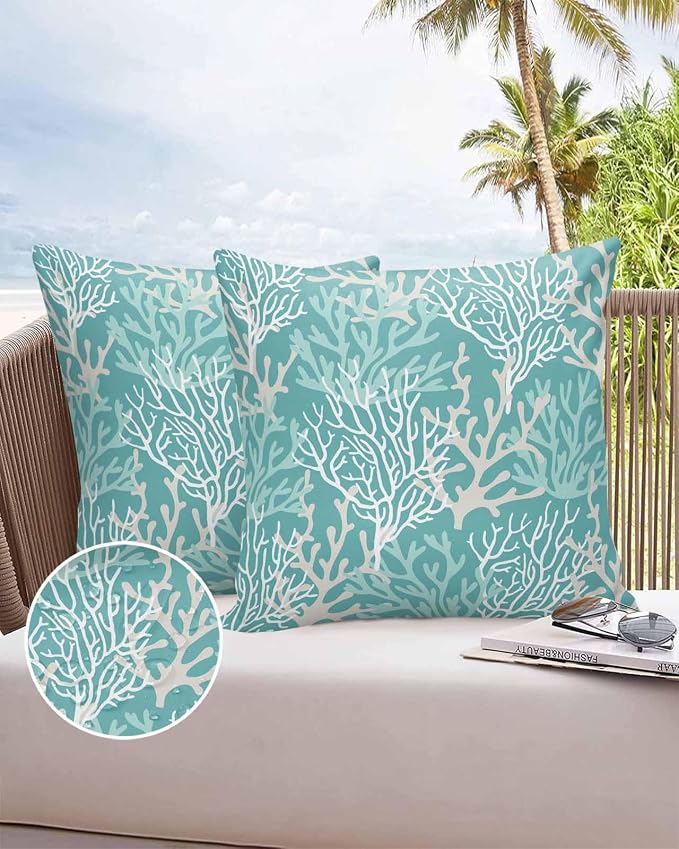 Pack of 2 Outdoor Pillow Covers 18x18 Waterproof Aqua Teal Coral Coastal Throw Pillow Covers, Decorative Pillowcases Nautical Ocean Marine Organism Cushion Covers for Patio Garden Couch Pillow Case