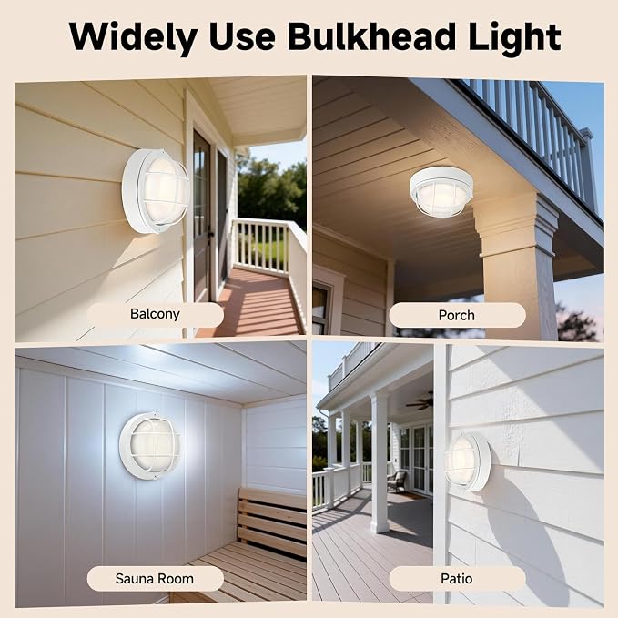 8"Outdoor Bulkhead Light, White Round Exterior Bulkhead Wall Light Fixture, Nautical Bulkhead Sconce lighting, Waterproof Sauna Light, Wall/Ceiling Flush Mount, Aluminum & Glass, E26 60W, 2 Pack