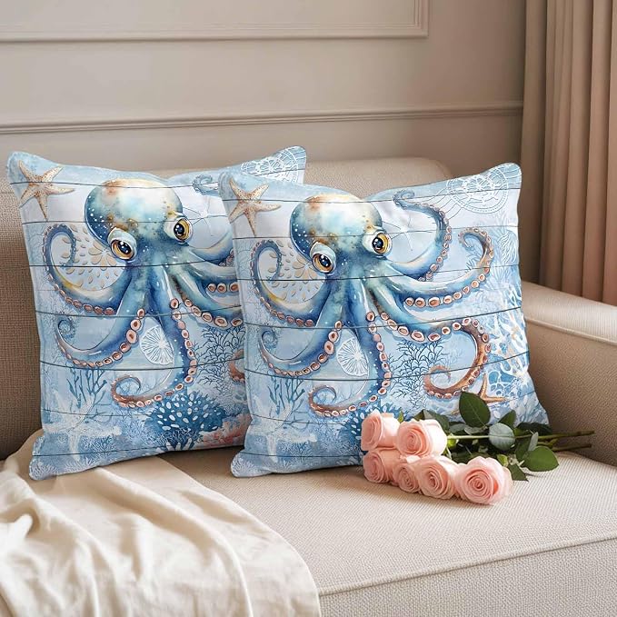 Coastal Octopus Waterproof Outdoor Pillow Covers Set of 2 Home Decor, Nautical Sea Starfish Coral Wooden Grain Pillowcase Patio Pillow Covers for Couch Bench Furniture Garden 24x24in