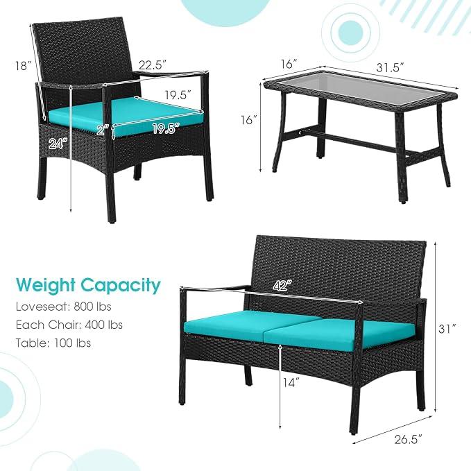 HAPPYGRILL 8 Pieces Patio Wicker Furniture Set PE Wicker Conversation Set, Rattan Sofa Chair with Cushions Tempered Glass Coffee Table, Outdoor Sectional Bistro Set for Poolside Backyard Lawn Garden