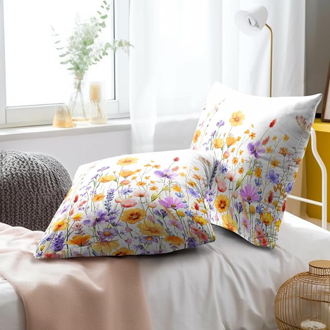 Watercolor Wildflowers Throw Pillow Covers 16x16 Inch Pack of 2, Orange Purple Floral Leaves Spring Summer Seasonal Square Cotton Pillowcases for Couch Sofa Garden Outdoor Decor