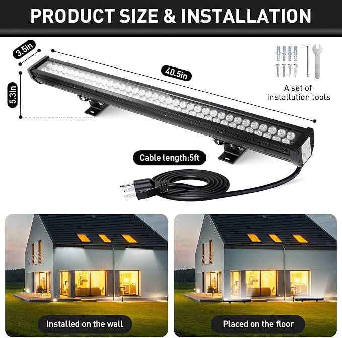 72W Outdoor Wall Washer Light Bars,7920LM Super Bright 6000K Daylight White LED Wall Washer Light,IP67 Waterproof 120V Plug in Outdoor LED Lights Bars for Landscape Yard Building Lighting(40 Inch)