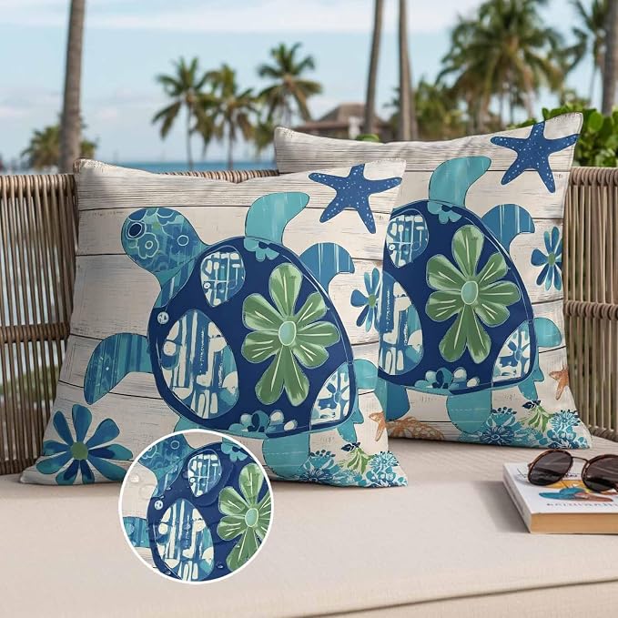 Ocean Turtle Outdoor Waterproof Throw Pillow Covers Set of 2, 26"x26", Sea Animals Rustic Wooden Board Decorative Pillow Covers Outside Cushion Case for Patio Porch Garden