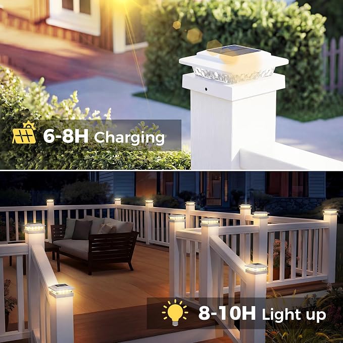 kolpop 4x4 Solar Post Cap Lights Outdoor 2Pack- 3 Color Temperatures&2 Level Brightness, IP65 Waterproof, 16 LED Fence Deck Post Light Solar Powered Only for 4×4/3.5×3.5 Wood/Vinyl Posts(White)