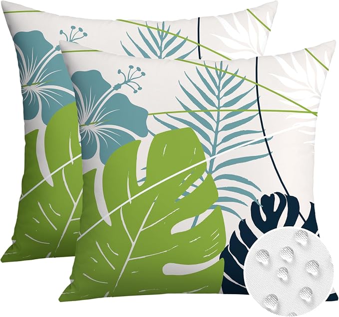 OTOSTAR Outdoor Waterproof Throw Pillow Covers 18x18 Inch Set of 2 Double-Sided Light Green Blue Tropical Leaf and Flower Spring Summer Decorative Pillow Cases for Patio Funiture Garden Balcony Couch