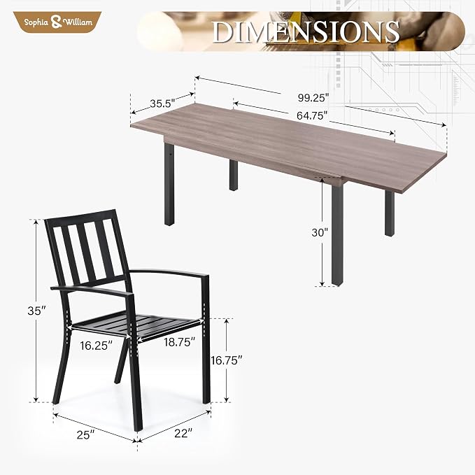 Sophia & William Patio Table and Chairs Set, Outdoor Dining Set for 8, 9 Piece Metal Patio Furniture, 99" Expandable Rectangular Table with Wood-Like Tabletop(Stripe)