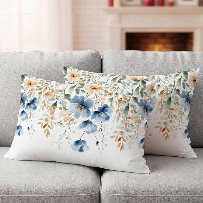 Blue Spring Floral Waterproof Outdoor Pillow Covers 20''x12'' Set of 2, Weeping Botanical Patio Furniture Summer Cushion Covers for Chairs, Decorative Wildflowers Pillow Cases for Garden/Pool/Beach