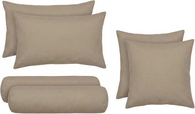 RSH DECOR: 6-Pack Pillow Set | Sunbrella Performance Fabric |Water & Fade-Resistant| 17" Square, 20"x12" Lumbar, 20"x6" Neck Roll | Outdoor Throw Pillows | Made in USA (Vesper Alpaca Stone)