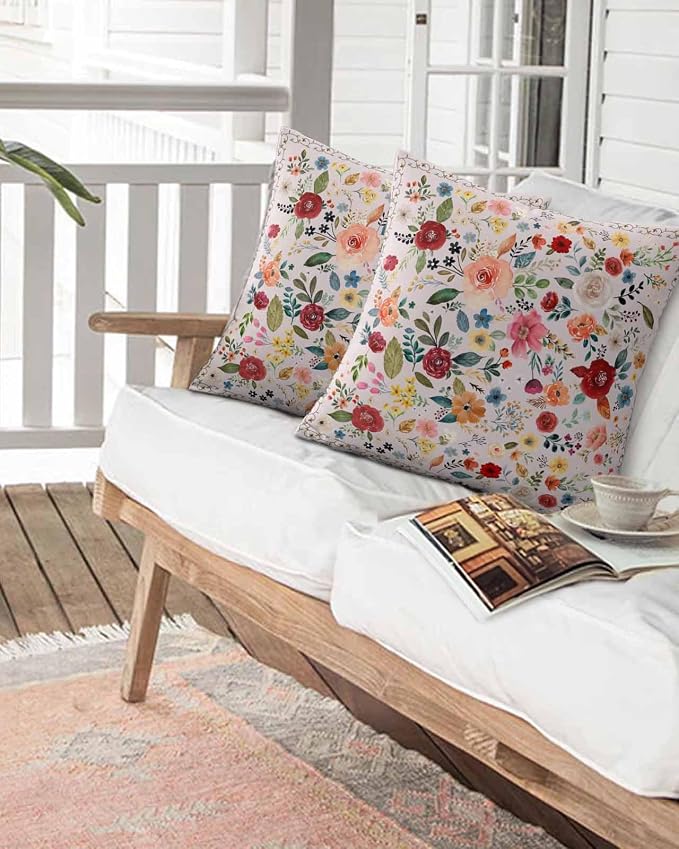 Outdoor Waterproof Throw Pillows Watercolor Leaf Colorful Bloom Floral Patio Pillows,Decorative Pillow Covers with Insert,Pillow Cushion Case for Garden Couch Sofa Vintage Country on Pink