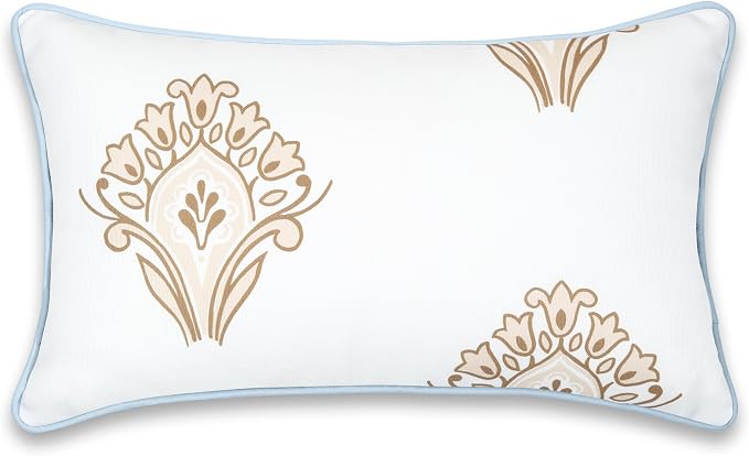 Hofdeco Premium Coastal Patio Indoor Outdoor Lumbar Pillow Cover Only, 12"x20" Water Repellent for Backyard, Couch, Baby Blue Tan Floral with Piping