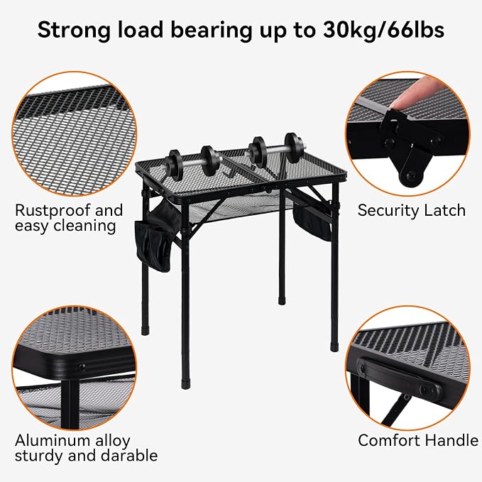 2Ft Foldable Grill Table for Camping, Portable Metal Mesh BBQTable with Dual Side Storage Bags, Lightweight Folding Outdoor Cooking Table for Picnic, RV Travel, Beach & Backyard BBQ