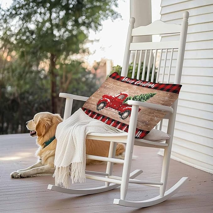 YOKOU Outdoor Throw Pillow Covers, Merry Christmas Truck Tree Vintage Board Wood Grain Buffalo Check Waterproof Pillowcases Cushion Covers Cases for Patio Couch Bench, Pack of 2 Rectangle, 20"X12"