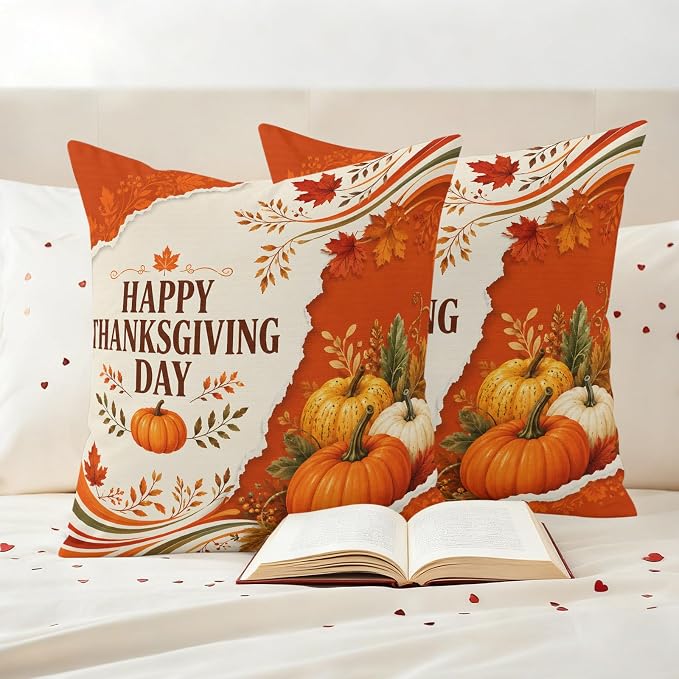 Fall Thanksgiving Waterproof Outdoor Pillow Covers 20''x20'' Set of 2, Maple Leaves Orange Pumpkins Patio Furniture Cushion Covers for Chairs, Decorative Farmhouse Pillow Cases for Garden/Pool/Beach