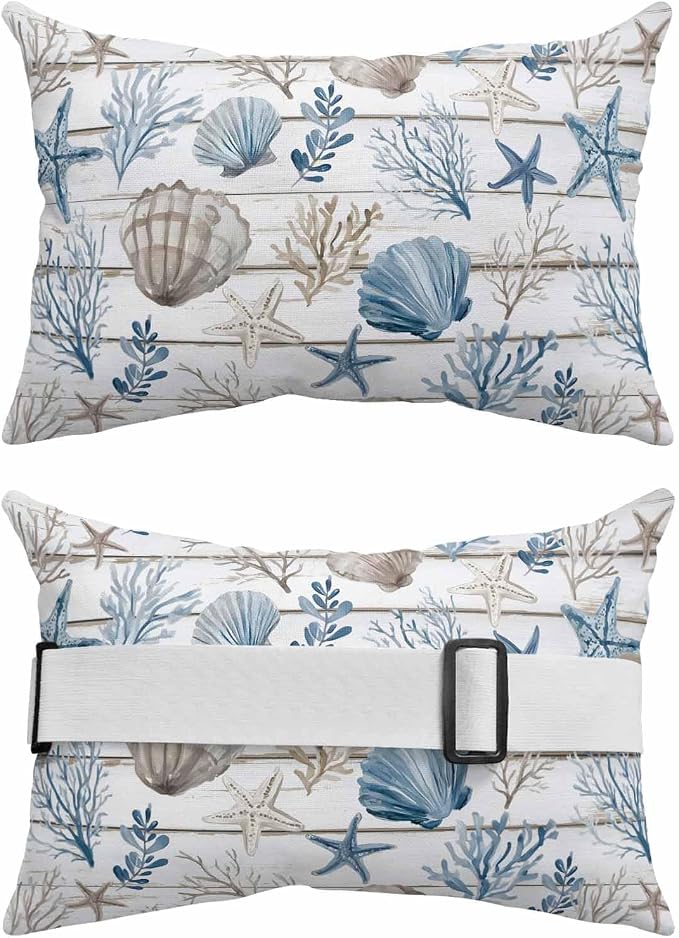 Blue Brown Coastal Outdoor Pillows with Insert 11x16 Inch Summer Coral Starfish Shell Wood Grain Waterproof Headrest Pillows with Adjustable Strap Lounger Chair Throw for Patio Furnitures , 2 Pack