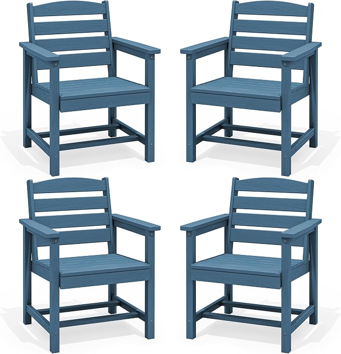 SERWALL Outdoor Dining Chairs Set of 4, All-Weather HDPE Patio Chair with 19.7" Widened Seat, for Backyard, Garden, Blue
