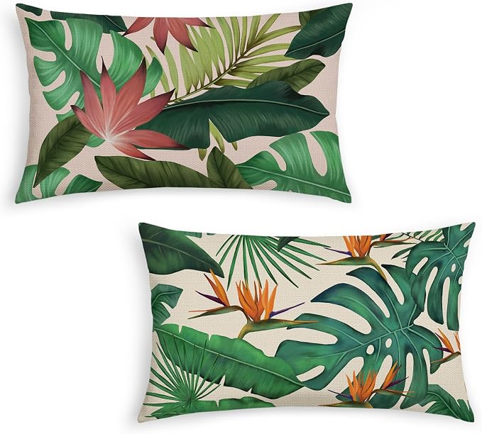 Bonhause Tropical Leaves Throw Pillow Covers 12 x 20 Inch Green Palm Leaf Monstera Botanical Pillows Case Polyester Linen Cushion Covers for Outdoor Couch Sofa Patio Decor Set of 2