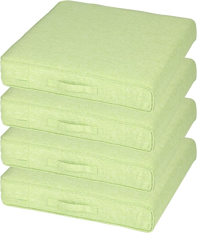 Aoodor Patio Chair Cushions Set of 4, 24 x 24 x 4 Inch Water Resistant Outdoor Seat Cushions with Handle and Ties, Square Corner Cushions for Patio Furniture Garden Lawn, Green