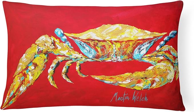Caroline's Treasures MW1116PW1216 Crab Blue on Red, Sr Canvas Fabric Decorative Pillow Machine Washable, Indoor Outdoor Decorative Pillow for Couch, Bed or Patio, 12HX16W