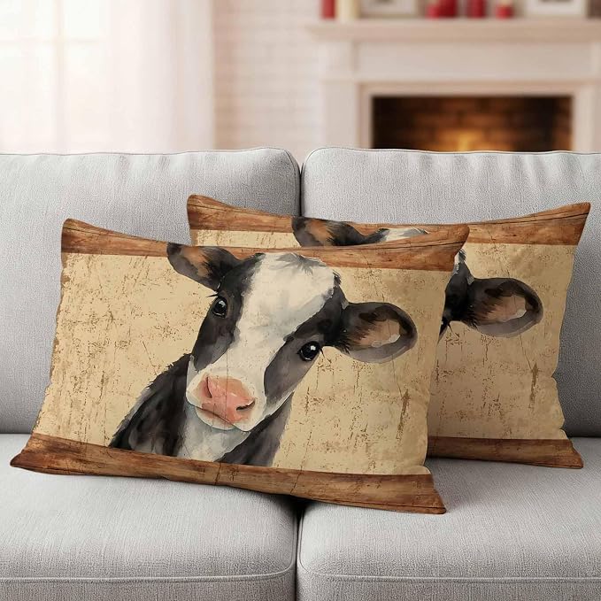 Farmhouse Cow Outdoor Pillow Covers 20x12 Inch Lumbar Pillow Covers Set of 2 Waterproof Decorative Throw Pillow Cases Country Vintage Animals Wooden Grain Cushion Covers for Patio Furniture Garden