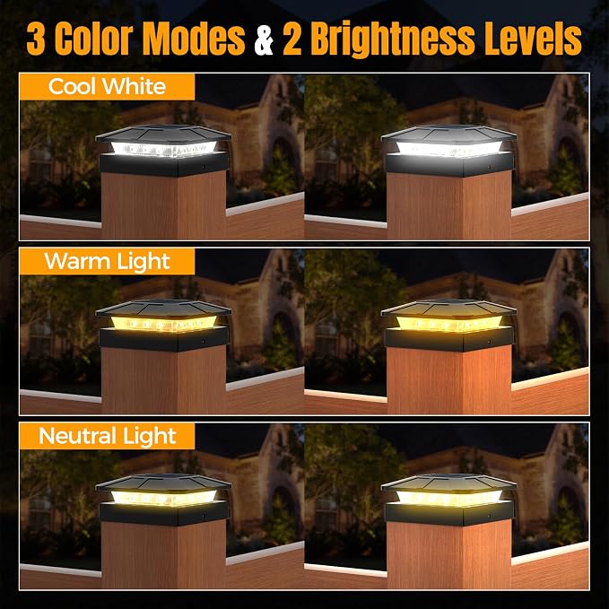 4x4 Solar Fence Post Cap Lights Outdoor Waterproof, 4 Pack | IP65, 3 Modes Auto On/Off,Deck, Garden, Patio, Deck, Backyard, Porch, Sidewalk