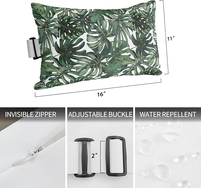 Green Palm Leaves Outdoor Chaise Lounge Head Pillow with Insert, Summer Tropical Leaf Vintage Waterproof Headrest Lumbar Pillow Cusion Cover with Elastic Strap for Patio Beach Recliner, 12"x20" 2PCS