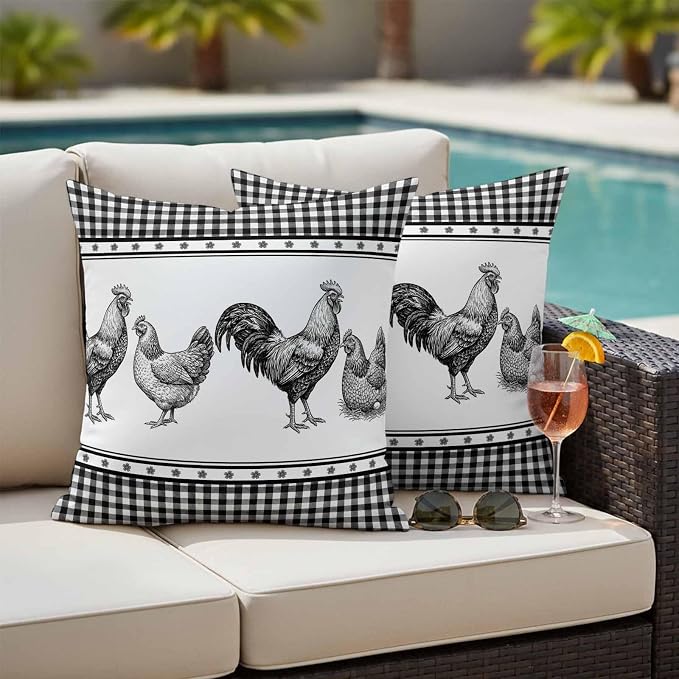 Navy Blue Rooster Outdoor Pillow Covers Waterproof, All Weather Cushion Case Set of 2, Vintage Farmhouse Black Plaid Decorative Pillowcases for Sofa Couch Bed Decor Patio Furniture 18"x18"