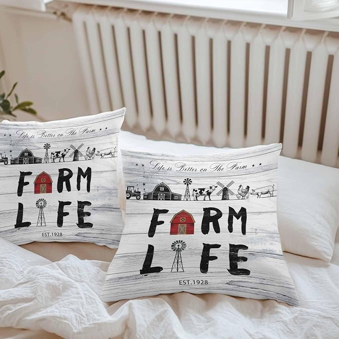 Outdoor Throw Pillows Covers 26x26 inch Set of 2 Waterproof Farm Life Decorative Zippered Cushion Covers for Patio Furniture, Farmhouse Barn Windmill Cow Chicken Tractor Wood Lumbar Pillowcases