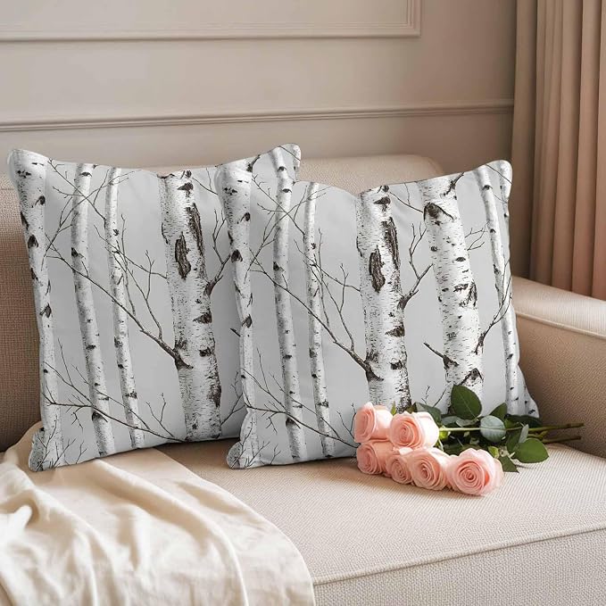 Nature Birch Trees Outdoor Pillow Covers 20"x20" Set of 2, Modern Gray Modern Tree Bark Texture Forest Waterproof Throw Pillow Covers for Patio Furniture, Decorative Cushion Covers for Porch