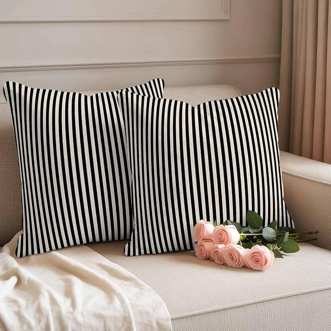 Black Beige Stripe Outdoor Pillow Covers Set of 2 Vintage Abstract Classic Minimalist Vertical Striped Waterproof Throw Pillow Cover Decorative Cushion Cases for Patio Porch Garden 26X26 Inch