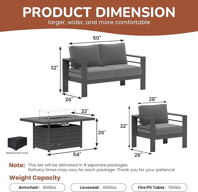 Solaste Aluminum Patio Furniture Set with Fire Pit Table, 4 Piece Metal Outdoor Furniture with Water-Resistant Cushions, Modern Patio Conversation Set for Balcony, Front Porch, and Backyard, Grey