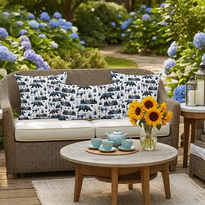 Bear Elk Cabin Outdoor Pillow Covers 24x24 Inch Throw Pillow Covers Set of 2 Waterproof Decorative Pillow Cases Farmhousee Pine Tree Forest Blue Cushion Covers for Patio Furniture Garden Couch Sofa