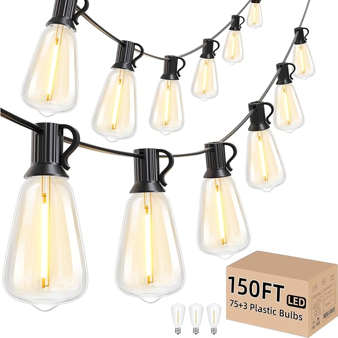 Svater Outdoor String Lights 150 FT Outside Patio Light 78 LED Bulbs | Waterproof Hanging Lighting For Bistro Cafe Market Backyard, Shatterproof Dimmable Edison Bulb, Warm White 2700K