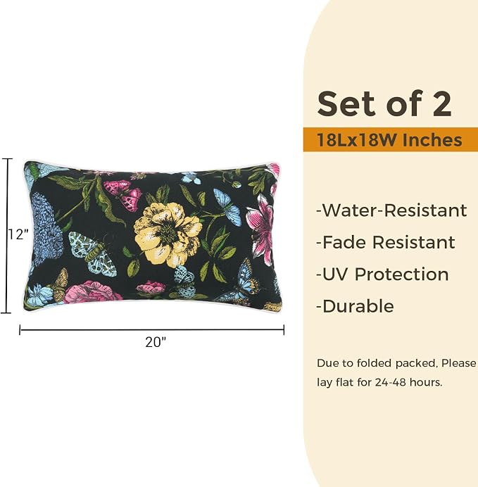 FUNHOME Outdoor Lumbar Pillows 12x20 inch,Decorative Throw Pillow Set of 2 with Insert,Water Resistant Headrests for Patio Furniture Sofa Couch Chair(Butterfly Flower Black)