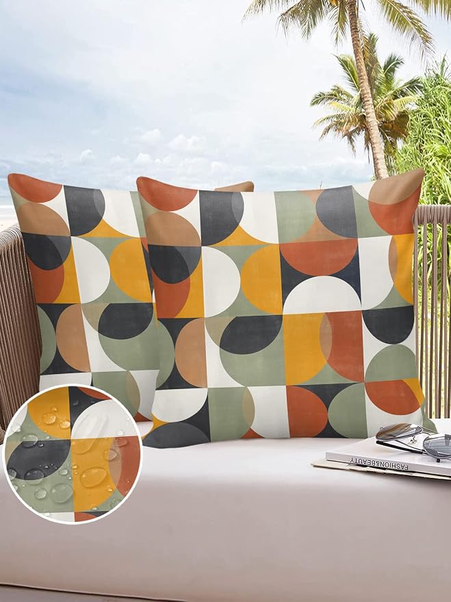 Vandarllin Outdoor Throw Pillows Covers 16x16 inch Set of 2 Waterproof Mid Century Geometric Decorative Zippered Cushion Covers for Patio Furniture, Abstract Modern Retro Lumbar Pillowcases